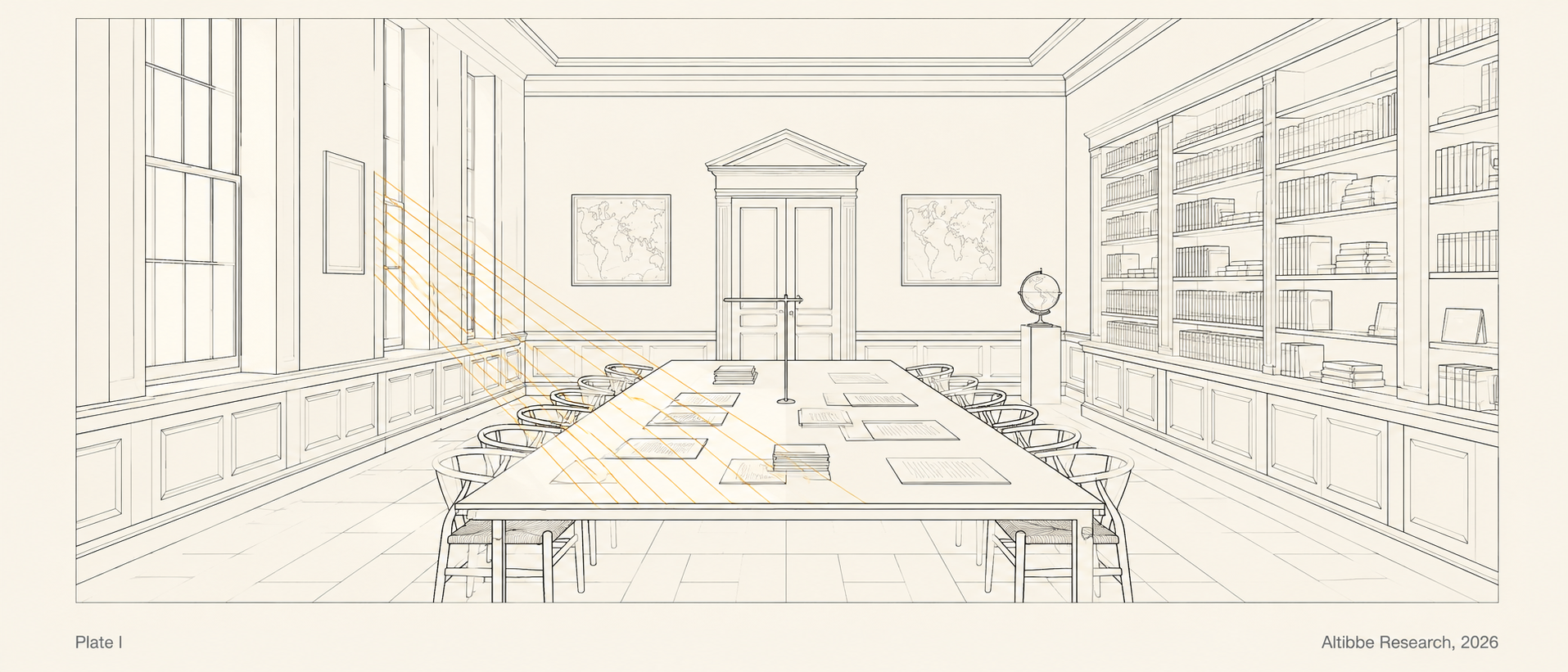 An architectural drawing of an institutional reading room: long table with chairs, papers on the surface, bookshelves on the right, warm light from two windows on the left, classical doorway and maps on the back wall.
